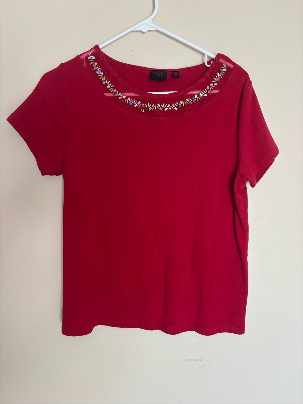 Rafaella Red Short Sleeve Top with Beaded Neckline